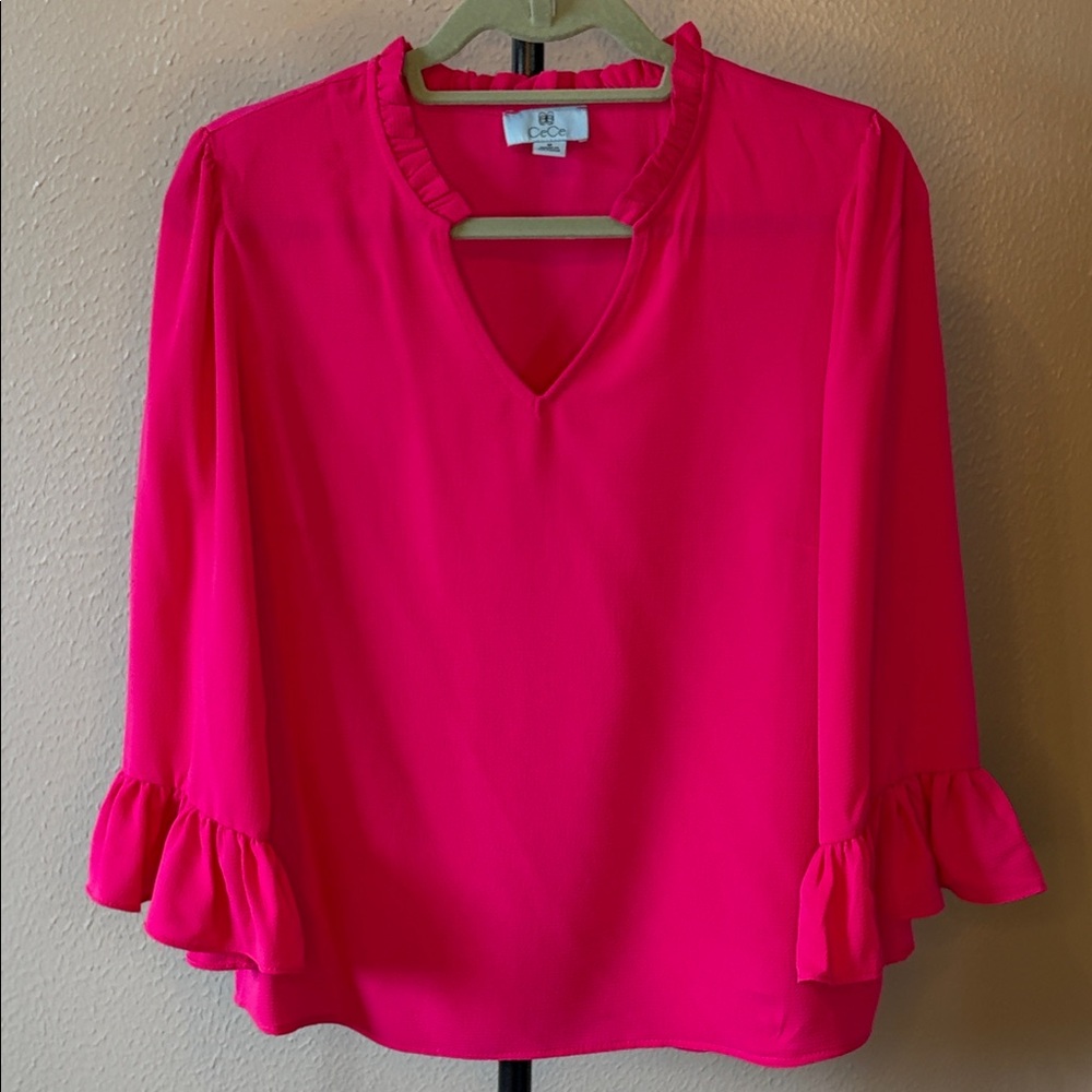 CeCe Ruffle Sleeve Blouse Hot Pink V-Neck Top - Size M - Picture 2 of 5